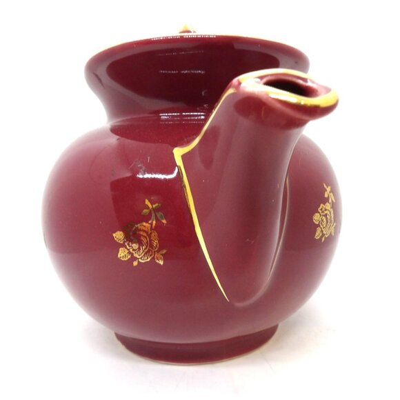 Hall 0693 Burgundy 6 Cup Gold Rose Tea Pot preowned - Picture 4 of 7